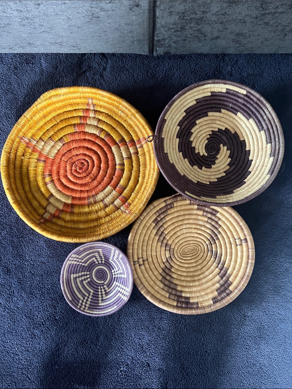 Handwoven Decorative Basket Set in Yellow, Orange, Brown, Cream, and Purple
